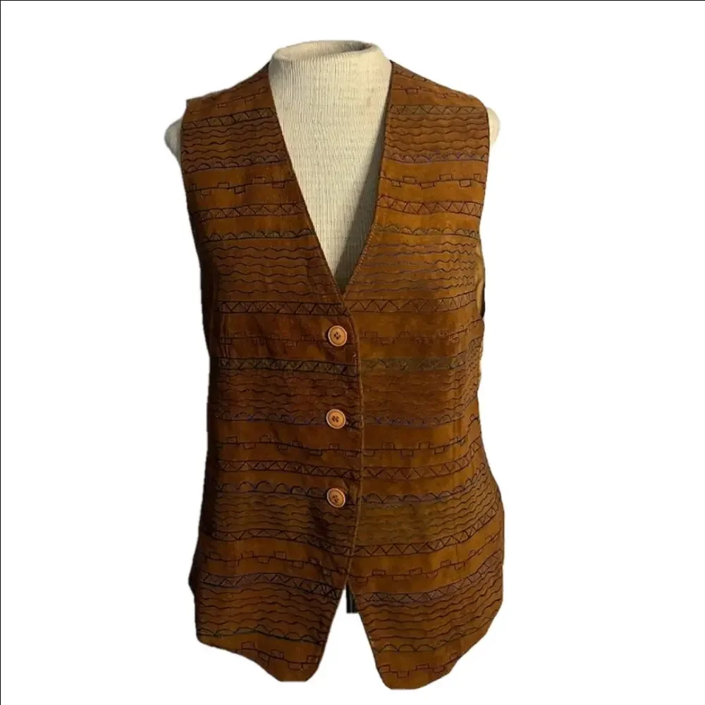 Etosha Women's Vintage Embroidered Brown Suede Vest - Picture 1 of 9